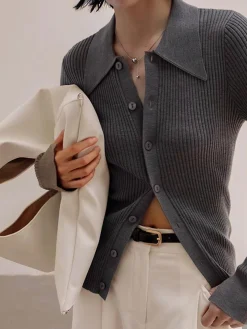 COMMENSE Ribbed Lapel Slim Cardigan* Cardigans|Sweaters & Cardigans