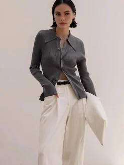 COMMENSE Ribbed Lapel Slim Cardigan* Cardigans|Sweaters & Cardigans