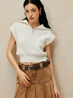 COMMENSE Ribbed Lapel Zipper Sweater Vest* Sweater Vests|Sweaters & Cardigans