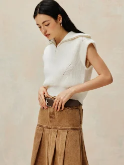COMMENSE Ribbed Lapel Zipper Sweater Vest* Sweater Vests|Sweaters & Cardigans