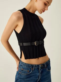 COMMENSE Ribbed Mock Neck Tank Top With Leather Belt* Sweater Vests|Sweaters & Cardigans