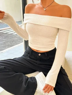 COMMENSE Ribbed Off-Shoulder Crop Blouse* Crop Tops|Blouses & Shirts