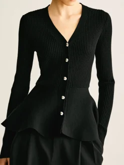 COMMENSE Ribbed Panel Bud Waist Button Knit Top* Sweater Tops|Sweaters & Cardigans