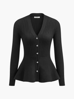 COMMENSE Ribbed Panel Bud Waist Button Knit Top* Sweater Tops|Sweaters & Cardigans