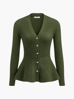 COMMENSE Ribbed Panel Bud Waist Button Knit Top* Sweater Tops|Sweaters & Cardigans