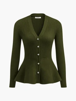 COMMENSE Ribbed Panel Bud Waist Button Knit Top* Sweater Tops|Sweaters & Cardigans