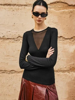 COMMENSE Ribbed Panel Sheer Blouse* Blouses & Shirts|Tops