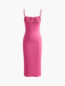 COMMENSE Ribbed Pleated Backless Cami Dress* Work Dresses|Cocktail & Party Dresses