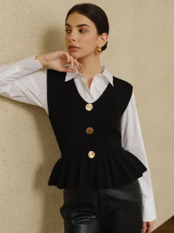 COMMENSE Ribbed Ruffle Sweater Vest* Sweater Vests|Sweaters & Cardigans