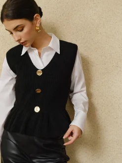 COMMENSE Ribbed Ruffle Sweater Vest* Sweater Vests|Sweaters & Cardigans