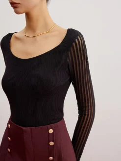 COMMENSE Ribbed Sheer Sleeve Sweater* Sweater Tops|Sweaters & Cardigans