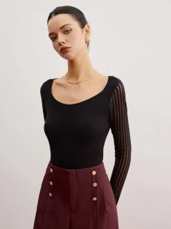 COMMENSE Ribbed Sheer Sleeve Sweater* Sweater Tops|Sweaters & Cardigans