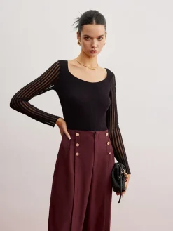 COMMENSE Ribbed Sheer Sleeve Sweater* Sweater Tops|Sweaters & Cardigans