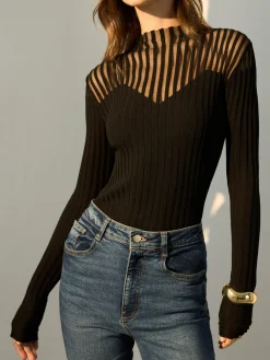 COMMENSE Ribbed Sheer-Shoulder Knit Top* Sweater Tops|Sweaters & Cardigans