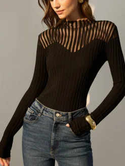 COMMENSE Ribbed Sheer-Shoulder Knit Top* Sweater Tops|Sweaters & Cardigans