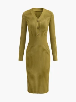 COMMENSE Ribbed Slim Sweater Midi Dress* Sweater Dresses|Sweater Dresses