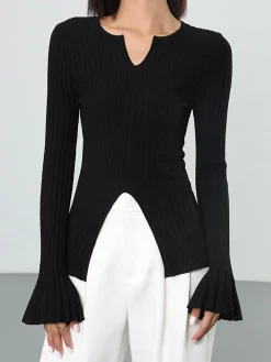 COMMENSE Ribbed Split Ruffle Knit Top* Sweater Tops|Sweaters & Cardigans
