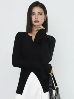 COMMENSE Ribbed Split Ruffle Knit Top* Sweater Tops|Sweaters & Cardigans