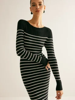 COMMENSE Ribbed Striped Panel Sweater Dress* Black Dresses|Sweater Dresses