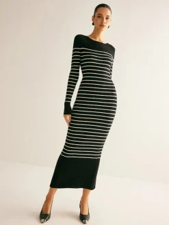 COMMENSE Ribbed Striped Panel Sweater Dress* Black Dresses|Sweater Dresses