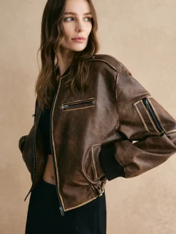 COMMENSE Ribbed-Cuff Zipper PU Leather Jacket* Outerwear|Jackets