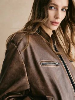 COMMENSE Ribbed-Cuff Zipper PU Leather Jacket* Outerwear|Jackets