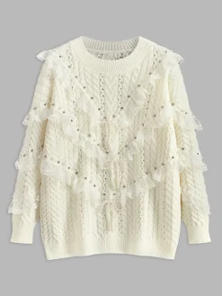 COMMENSE Romance Lace Trim Beaded Sweater* Sweater Tops|Sweaters & Cardigans