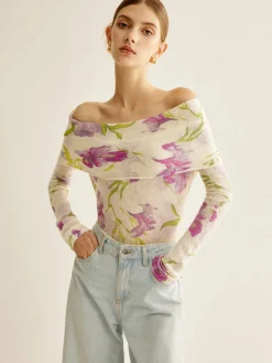 COMMENSE Romance Off-Shoulder Printed Knit Top* Sweater Tops|Sweaters & Cardigans
