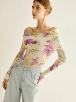 COMMENSE Romance Off-Shoulder Printed Knit Top* Sweater Tops|Sweaters & Cardigans