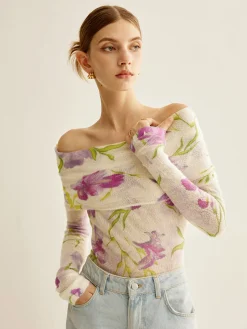 COMMENSE Romance Off-Shoulder Printed Knit Top* Sweater Tops|Sweaters & Cardigans