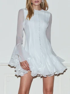 COMMENSE Romance Ruffle Sheer Dress* White Dresses|Black Dresses