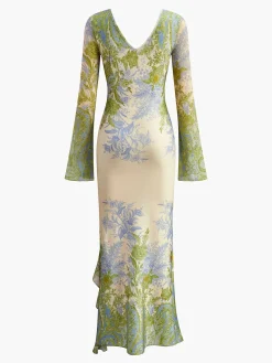 COMMENSE Romance V-Neck Printed Ruffle Dress* Cocktail & Party Dresses|Long Dresses