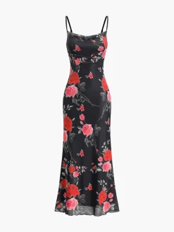COMMENSE Roses Print Floral Cami Long Dress* Black Dresses|Casual Dresses