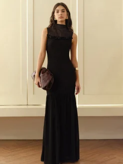 COMMENSE Rosette Panel Tank Dress* Black Dresses|Casual Dresses