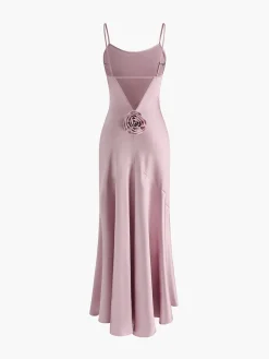 COMMENSE Rosette Pleated Backless Cami Long Dress* Cocktail & Party Dresses|Vacation Dresses