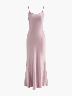 COMMENSE Rosette Pleated Backless Cami Long Dress* Cocktail & Party Dresses|Vacation Dresses