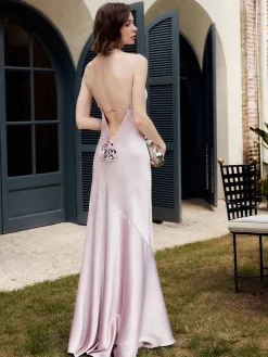 COMMENSE Rosette Pleated Backless Cami Long Dress* Cocktail & Party Dresses|Vacation Dresses