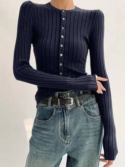 COMMENSE Round Neck Button Skinny Knit Top* Knitwear|Tops