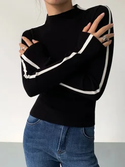 COMMENSE Round Neck Contrast Trim Slim Knit Top* Sweater Tops|Sweaters & Cardigans