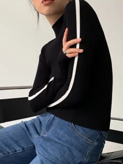COMMENSE Round Neck Contrast Trim Slim Knit Top* Sweater Tops|Sweaters & Cardigans