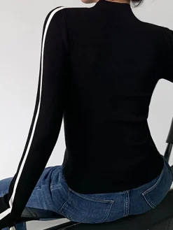 COMMENSE Round Neck Contrast Trim Slim Knit Top* Sweater Tops|Sweaters & Cardigans