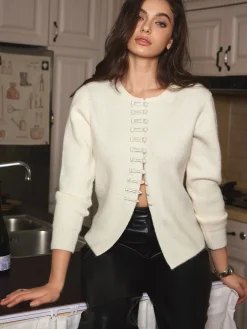 COMMENSE Round Neck Knot-Button Knit Top* Sweater Tops|Sweaters & Cardigans