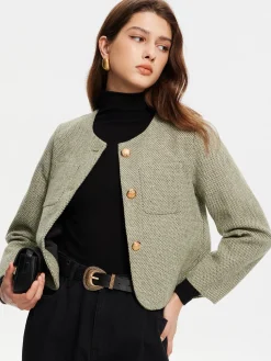 COMMENSE Round Neck Pockets Tweed Jacket* Outerwear|Jackets