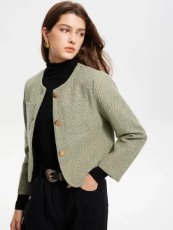 COMMENSE Round Neck Pockets Tweed Jacket* Outerwear|Jackets