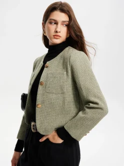COMMENSE Round Neck Pockets Tweed Jacket* Outerwear|Jackets