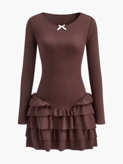 COMMENSE Round Neck Ruffle Slim Knit Dress* Sweater Dresses|Casual Dresses