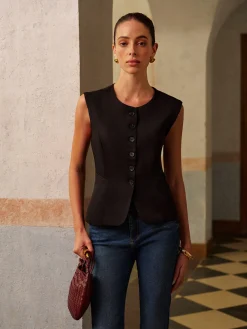 COMMENSE Round Neck Split Button Vest* Vests|Outerwear
