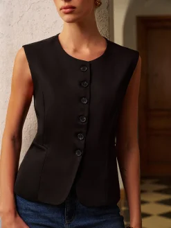 COMMENSE Round Neck Split Button Vest* Vests|Outerwear