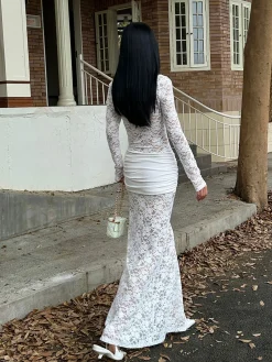 COMMENSE Ruched Lace Panel Long Dress* Cocktail & Party Dresses|Long Dresses