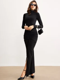 COMMENSE Ruched Split Jersey Long Dress* Black Dresses|Casual Dresses
